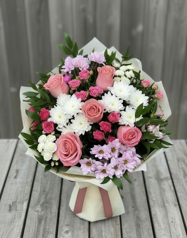 Букет цветов из: Альстромерии, Гвоздики, Розы и Хризантемы в Менделеево