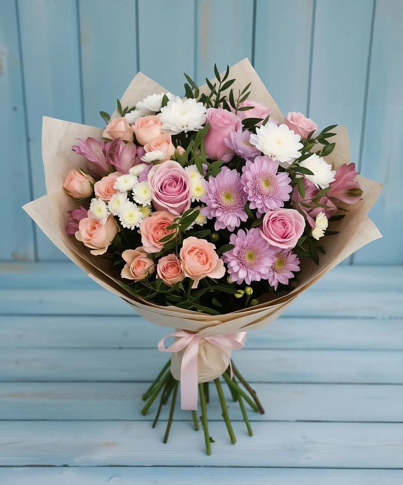 Букет цветов из: Хризантемы, Розы и Альстромерии в Менделеево