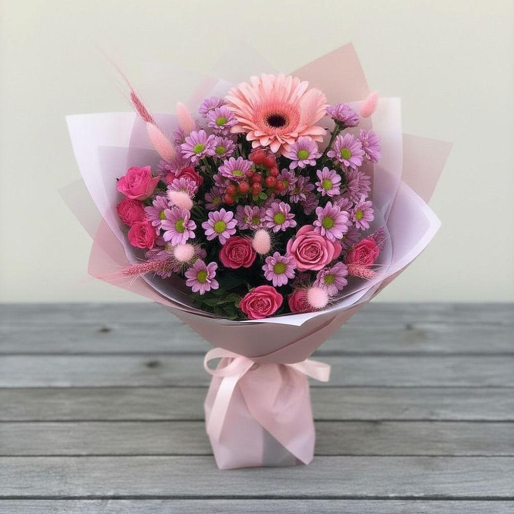 Букет цветов из: Розы, Герберы и Хризантемы в Менделеево