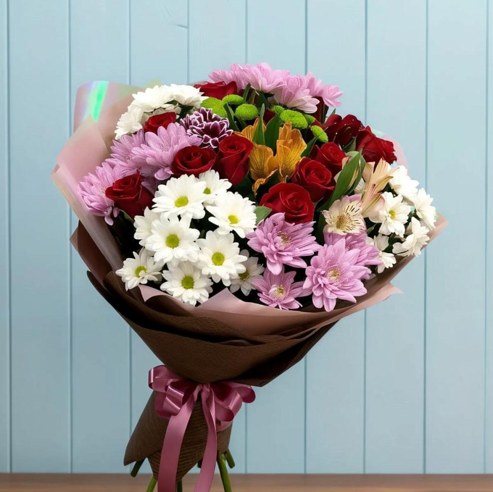 Букет цветов из: Розы, Хризантемы и Альстромерии в Менделеево