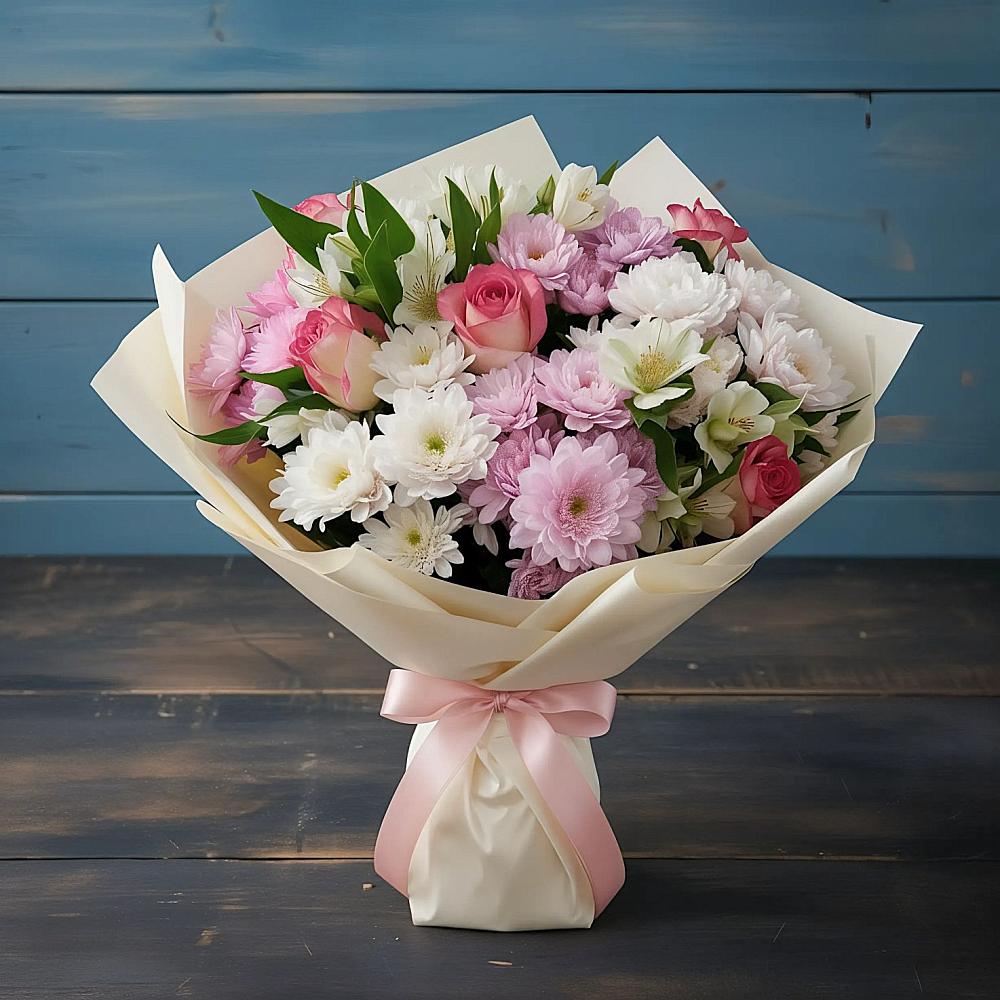 Букет цветов из: Хризантемы, Альстромерии и Розы в Менделеево